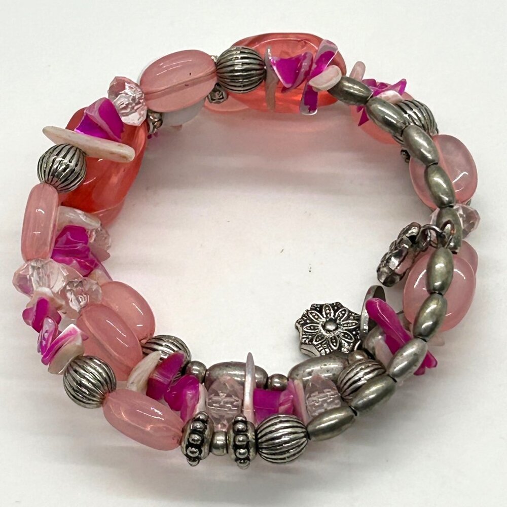 Charming Charlie Memory Wire Wrap Pink Magenta Silver-tone Beaded Bracelet Boho - Picture 2 of 12